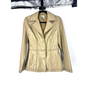 Wet Seal Vintage Faux Leather Whipstitch Blazer Jacket Tan Beige Small RN 78749